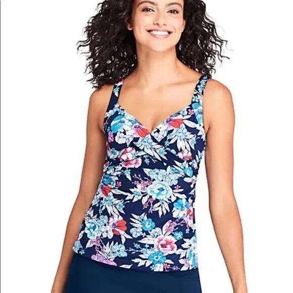 Lands End Square Neck Underwire Tankini Swimsuit Top Navy Floral womens 10 M - Picture 1 of 12